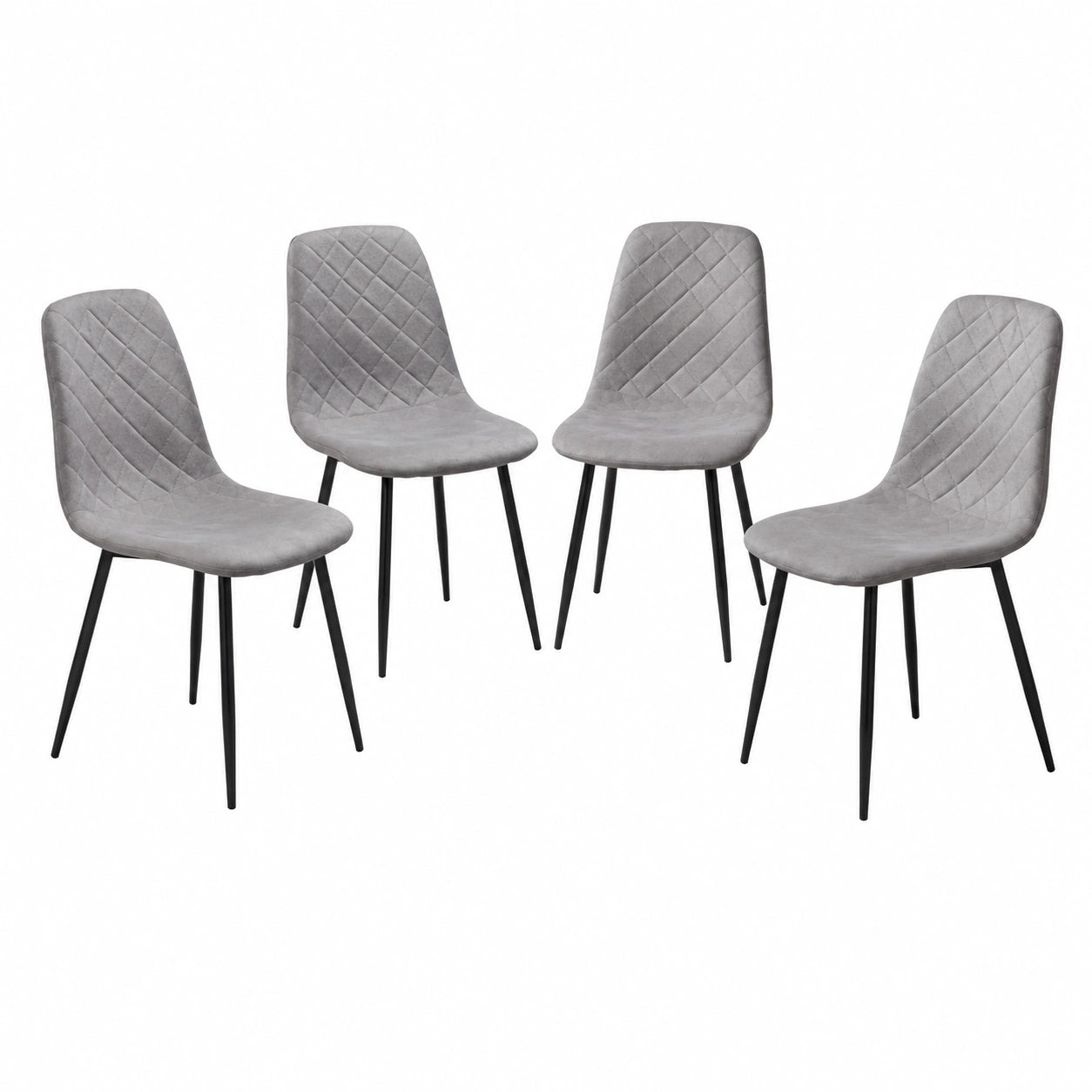 Sillas de Comedor Suiz, Juego de 4, Tapizado en Gris, Respaldo Acolchado, Patas Metálicas Negras, Estilo Moderno para Cocina y Salón