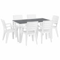 Juego de comedor exterior para 6 personas, mesa de acero efecto madera y sillas apilables de resina - Thomas & Anita (Blanco/Pizarra)