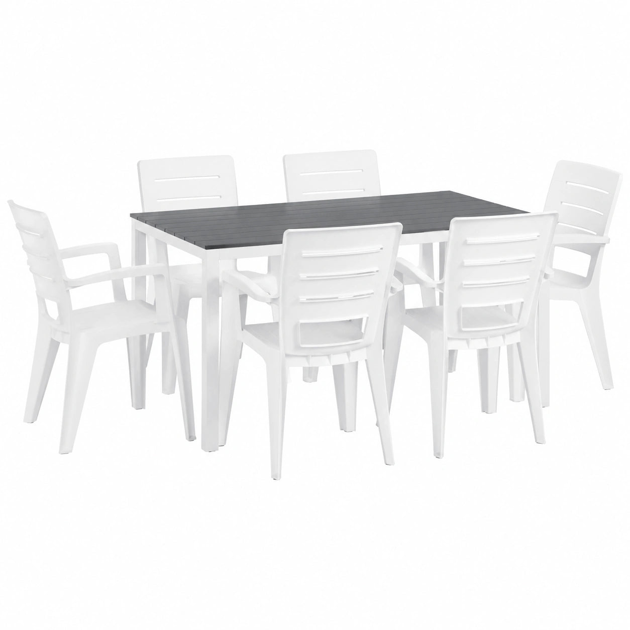 Juego de comedor exterior para 6 personas, mesa de acero efecto madera y sillas apilables de resina - Thomas & Anita (Blanco/Pizarra)