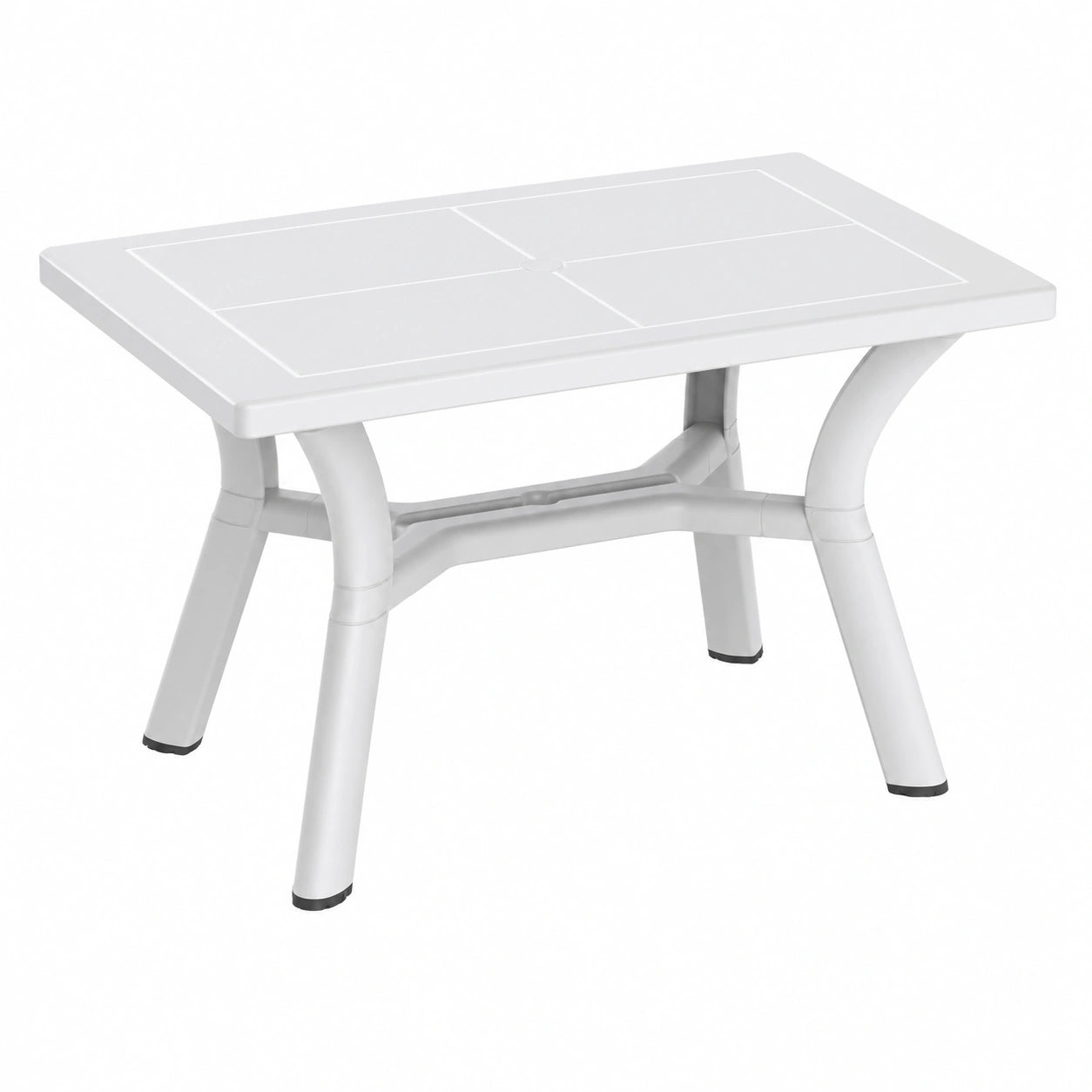 Mesa de Jardín Blanca para Exterior, Rectangular, 115x72 cm, Capacidad para 4 Personas, Diseño Elegante con Agujero de Sombrilla y Protección UV