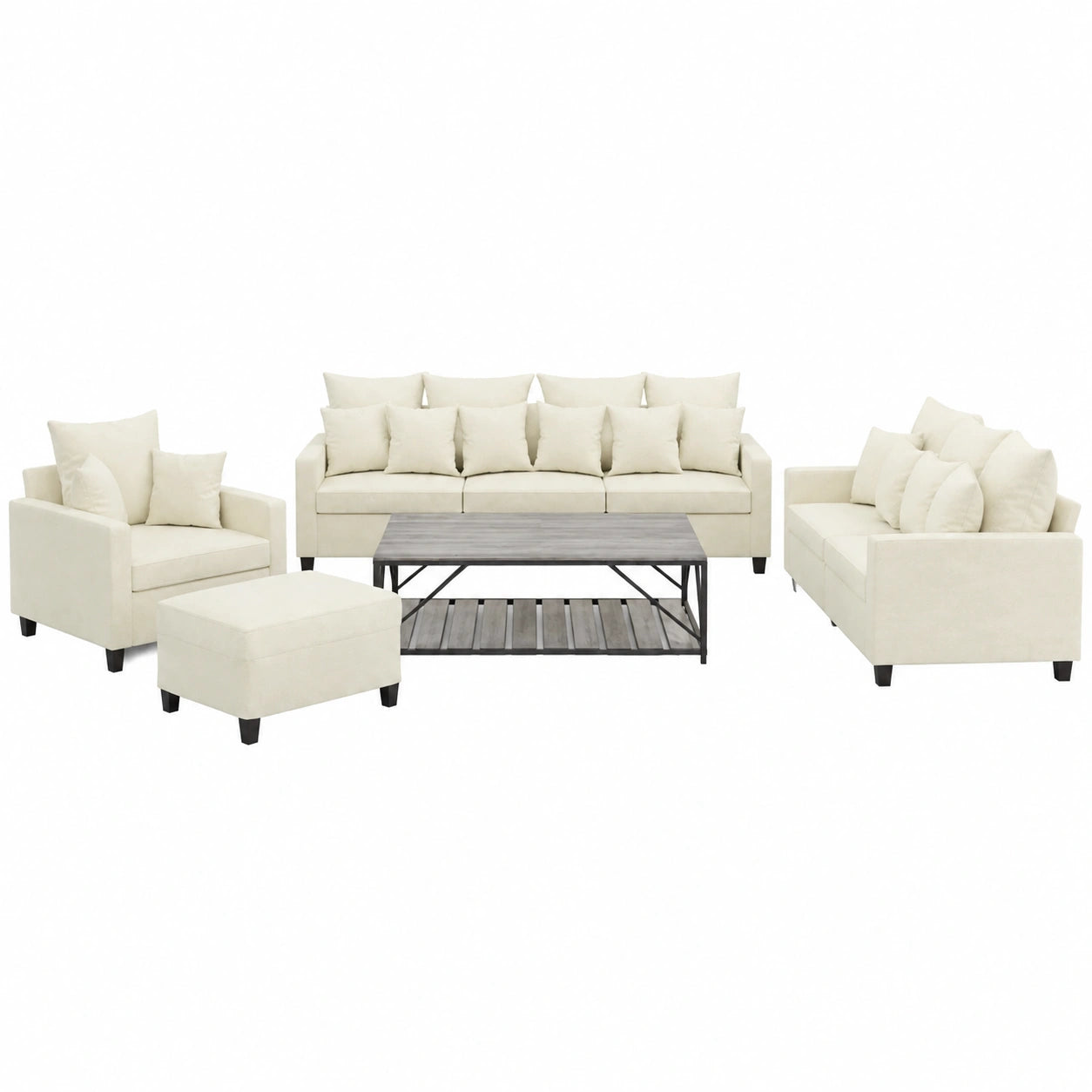 Conjunto de sofá 4 piezas en terciopelo crema con cojines y estructura metálica, diseño moderno para sala de estar