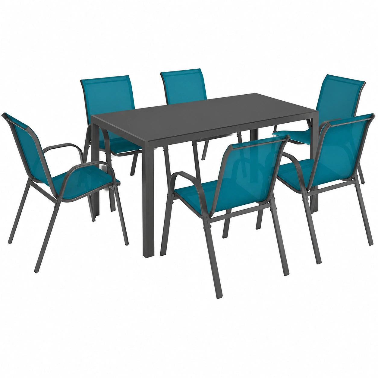 Conjunto de jardín Madrid: Mesa de 150 cm y 6 sillas apilables azul turquesa