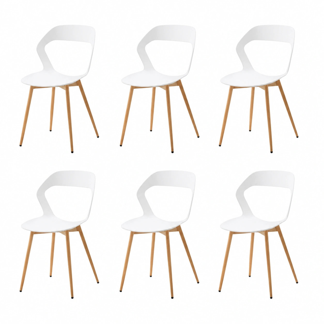 Sillas de Comedor Escandinavas, Set de 6 con Patas Metálicas y Respaldo Hueco (Blanco + Natural)