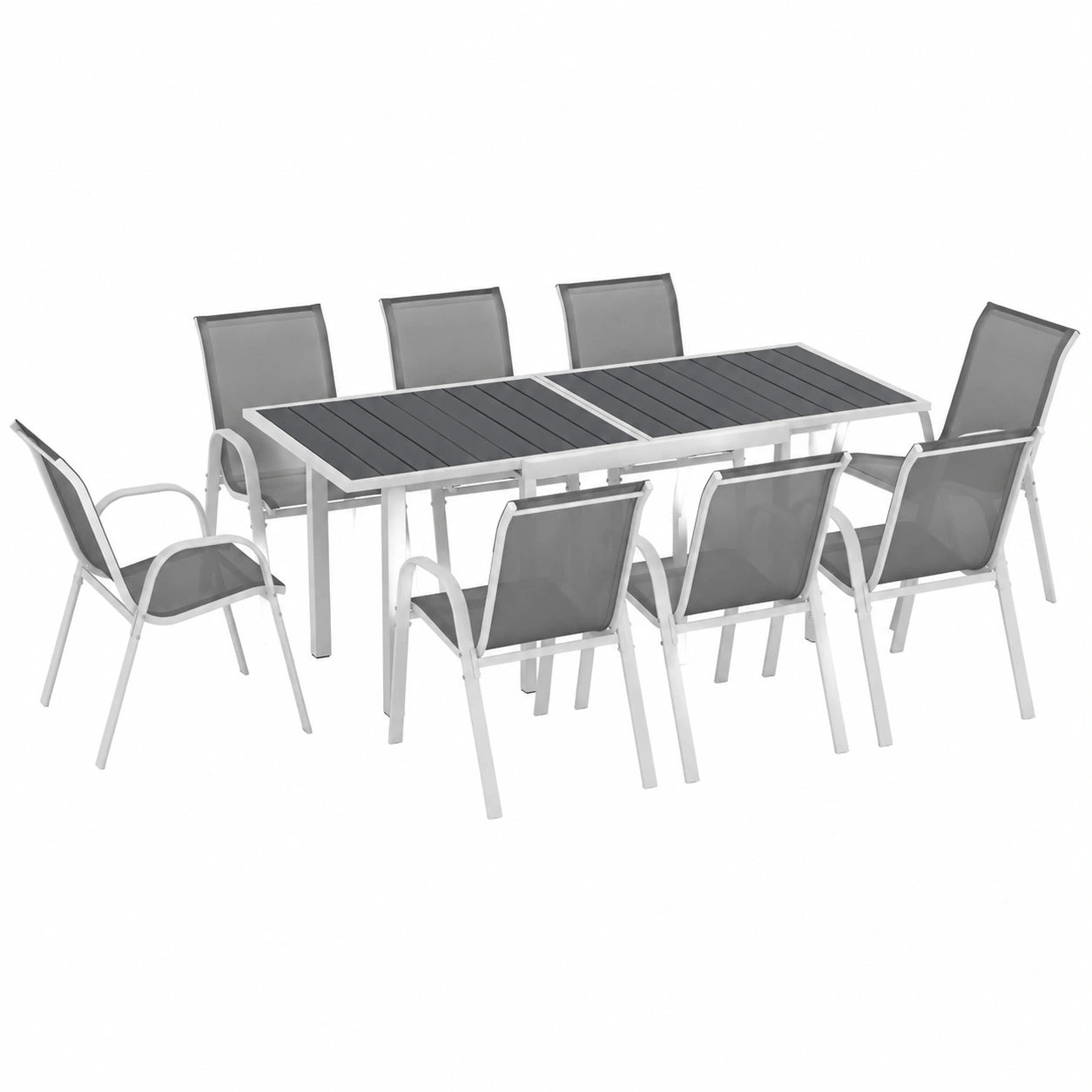 Conjunto de Jardín Extensible con Mesa y 8 Sillas, Blanco y Gris