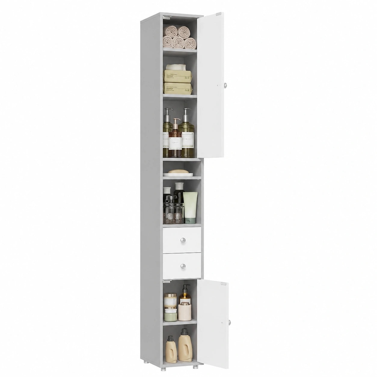 Mueble de Baño Estrecho con Estantes Ajustables, 2 Cajones y 2 Estantes Abiertos, 20x20x180 cm, Blanco y Gris