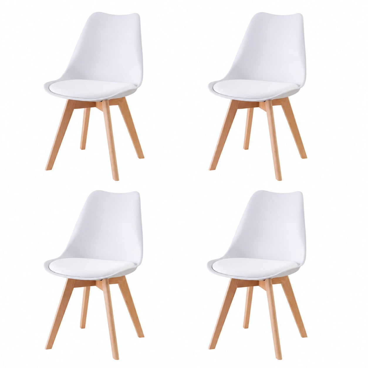 Silla Ergonomica de Comedor con Patas de Madera y Cojín, 50x48x82 cm, Blanco, Set de 4