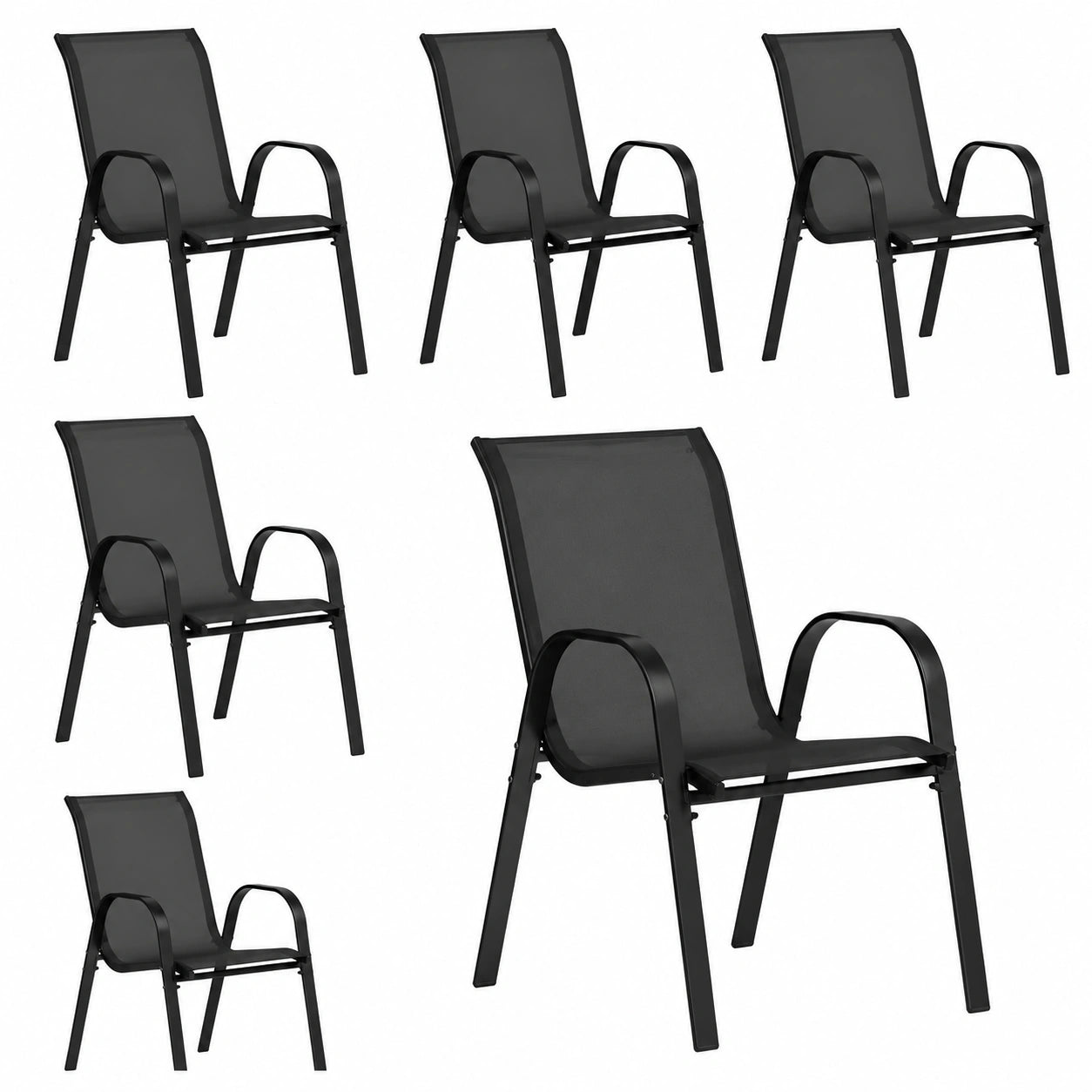 Conjunto de 6 Sillas de Jardín Negras Apilables de Textileno
