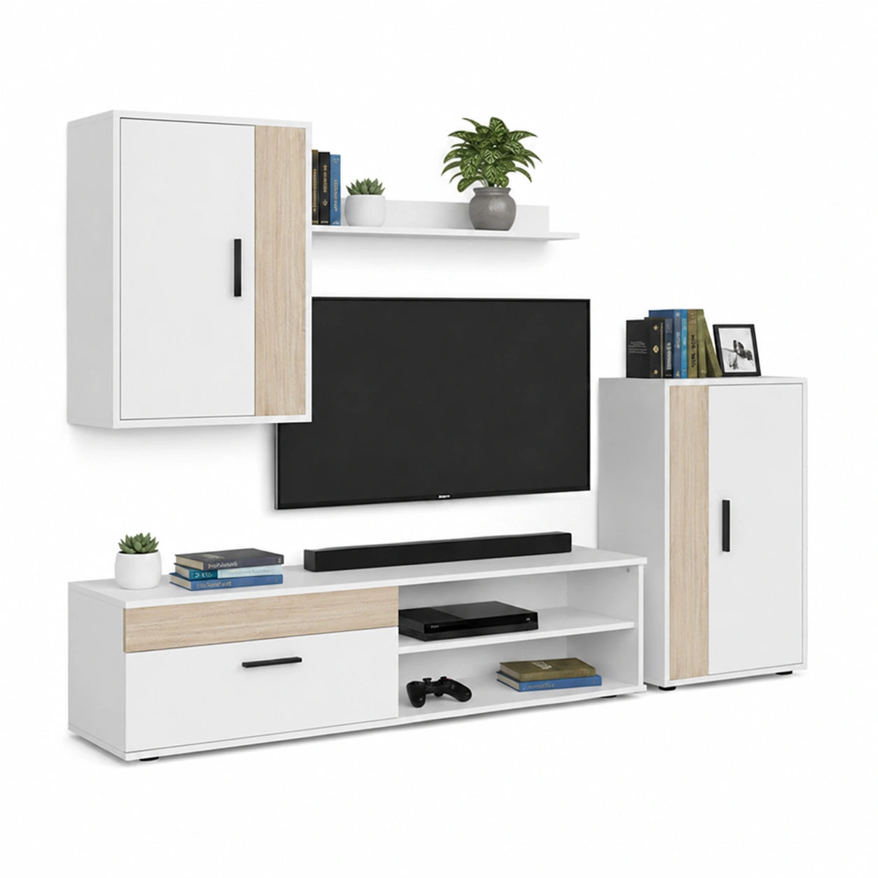 Conjunto Modular para TV Lunet 190, Blanco y Roble Canadian, 140x35x36,2 cm