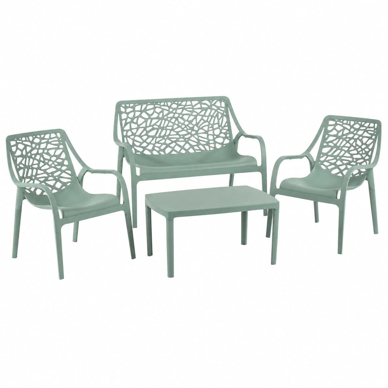 Conjunto de Muebles de Jardín para Exterior de 4 Plazas, Sofá, Sillones y Mesa Apilables, Impermeables, Diseño Moderno – Modelo Maratea (Verde Salvia)