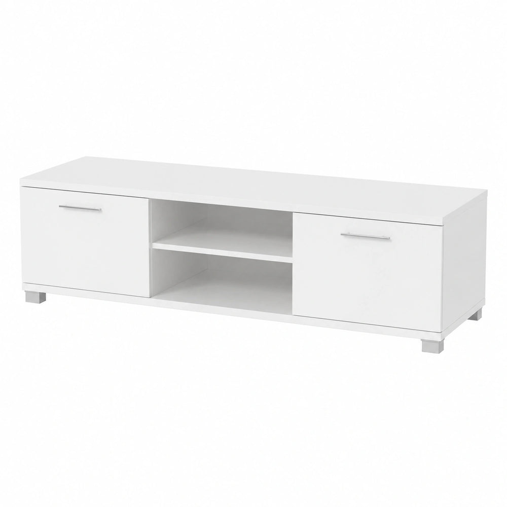 Aparador de MDF blanco brillante con almacenamiento, canales para cables y estantes para TV, 120x40,5x35 cm