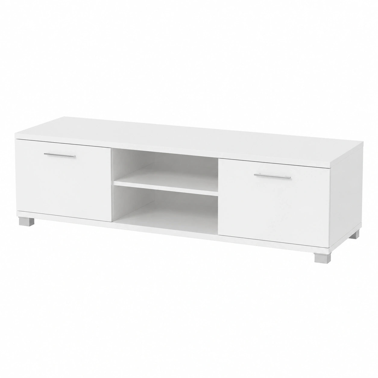 Aparador de MDF blanco brillante con almacenamiento, canales para cables y estantes para TV, 120x40,5x35 cm