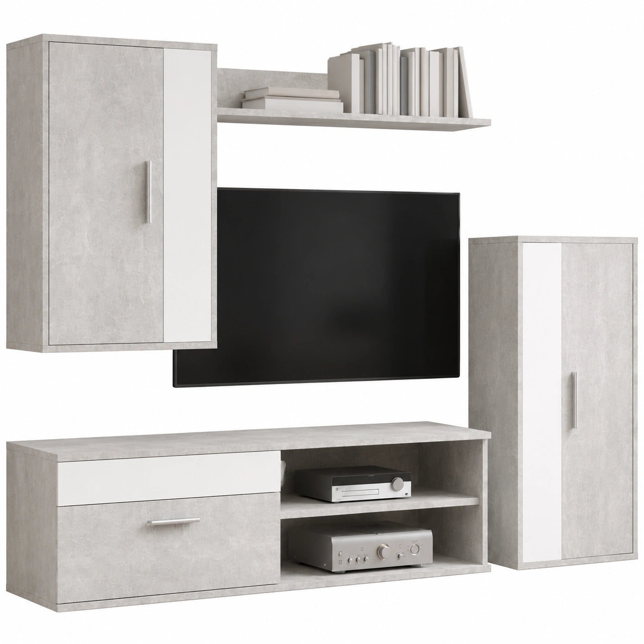 Mueble de TV Industrial Kolm en Cemento y Blanco con Almacenamiento