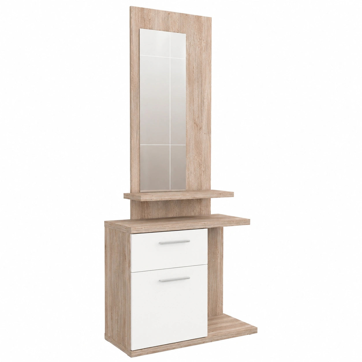 HomeSouth - Mueble Recibidor con Espejo, Cajón y Puerta, Acabado en Blanco y Nelson, Modelo Enter, 60,5x68,5x27,8 cm