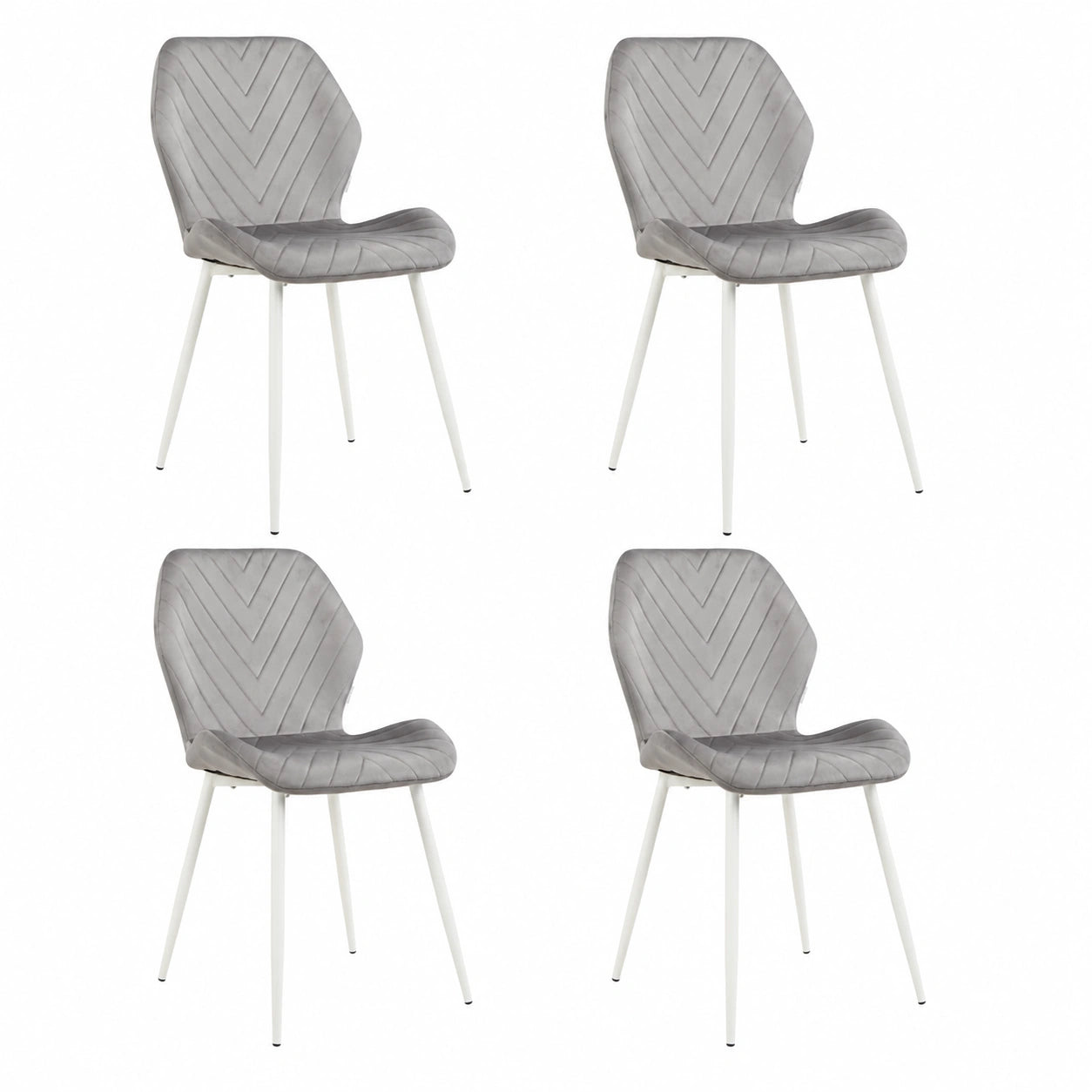 Conjunto de 4 sillas grises de terciopelo con diseño moderno y patas metálicas blancas