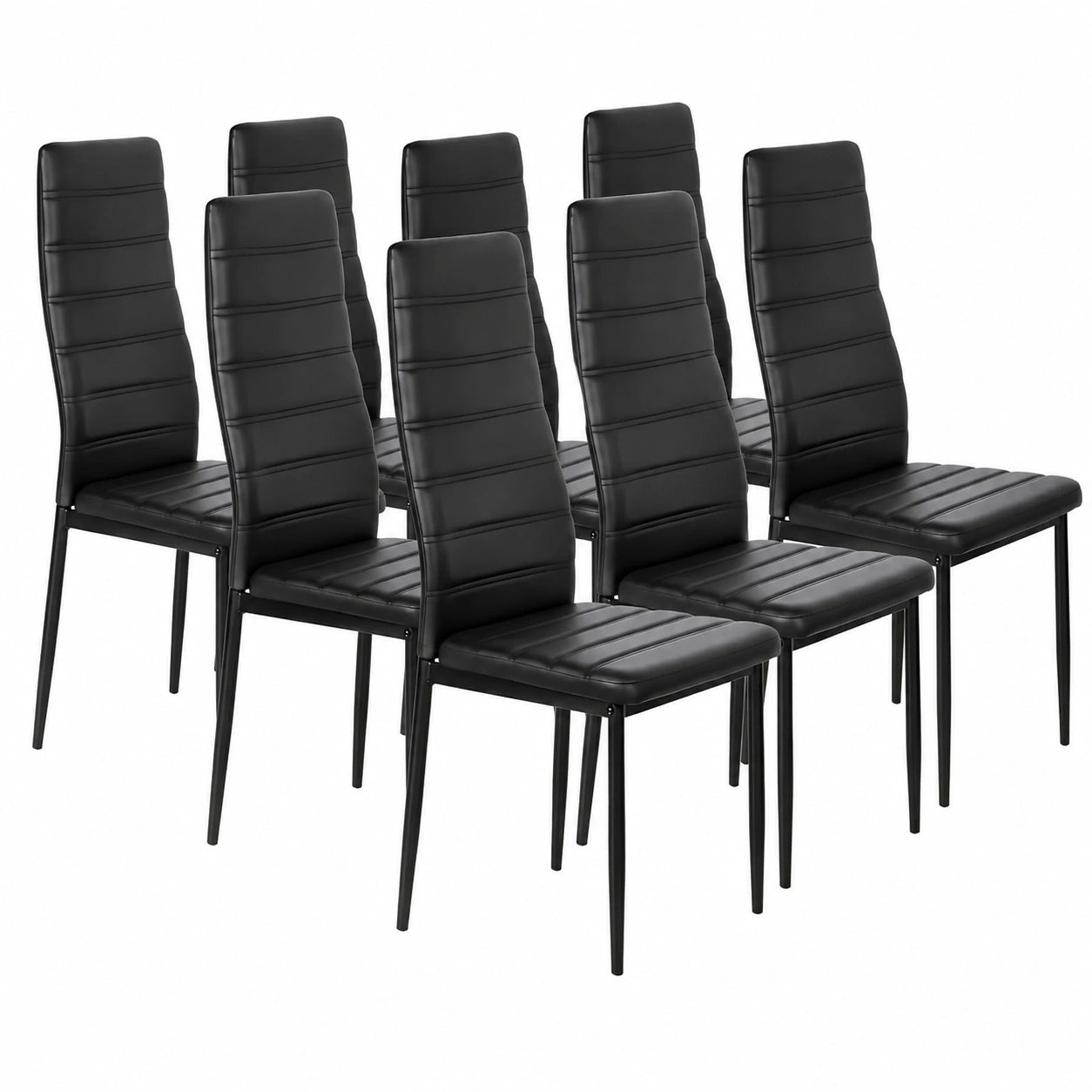 Juego de 8 Sillas de Comedor en Cuero Sintético, Respaldo Alto, Estructura de Acero, Negro